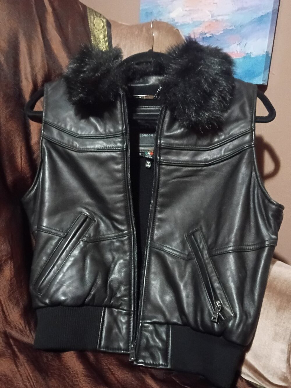 Knoles & Carter London Black Leather Faux Fur Collar Zip Vest W/ Pockets M
